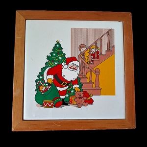 Vintage Christmas Theme Wood Framed Ceramic Tile Trivet Square Wall Decor